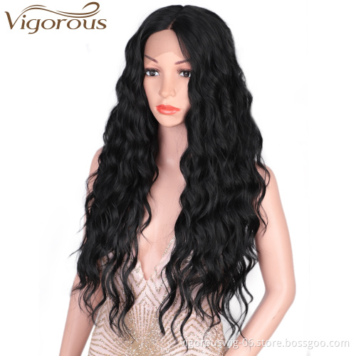 Vigorous Lace Front Wigs 26" Long Wavy Synthetic Wigs for Black Women 150% Density Deep Wave Middle Part Wigs(Natural Black)